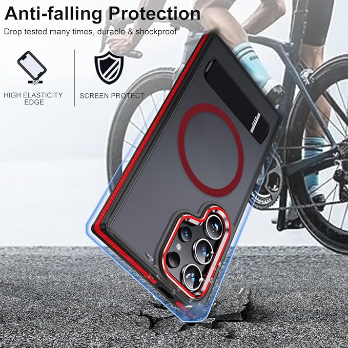 Magnetic Case for Samsung Galaxy S24 Ultra with Stand, Compatible with MagSafe, Anti-Slip Cover & Shockproof, Slim Translucent Back for Galaxy S24 Ultra Phone Case (Black/Red)