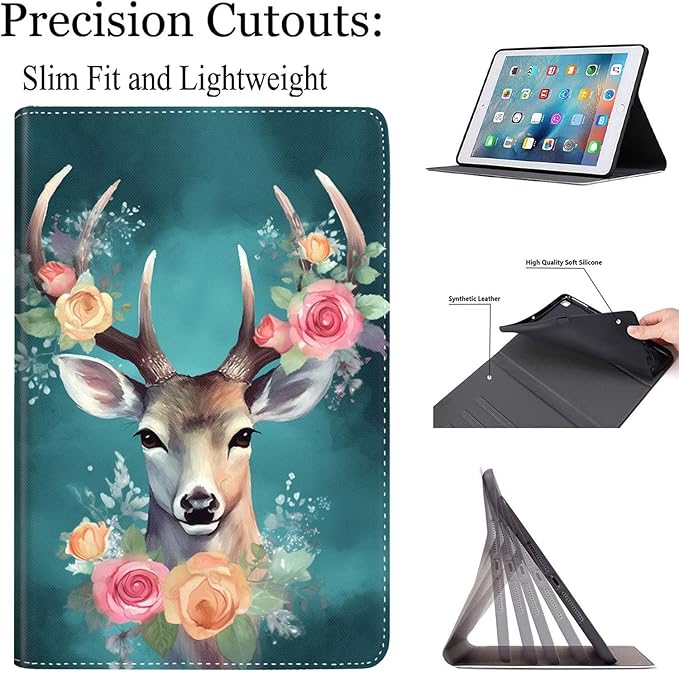 Case for Galaxy Tab A9 Plus ， Auto Sleep/Wake Multi-Angle Viewing Slim Folio Stand Cover for Samsung Galaxy Tab A9+/A9 Plus 11 Inch 2023 (SM-X210/X216/X218), Watercolor Deer with Flowers