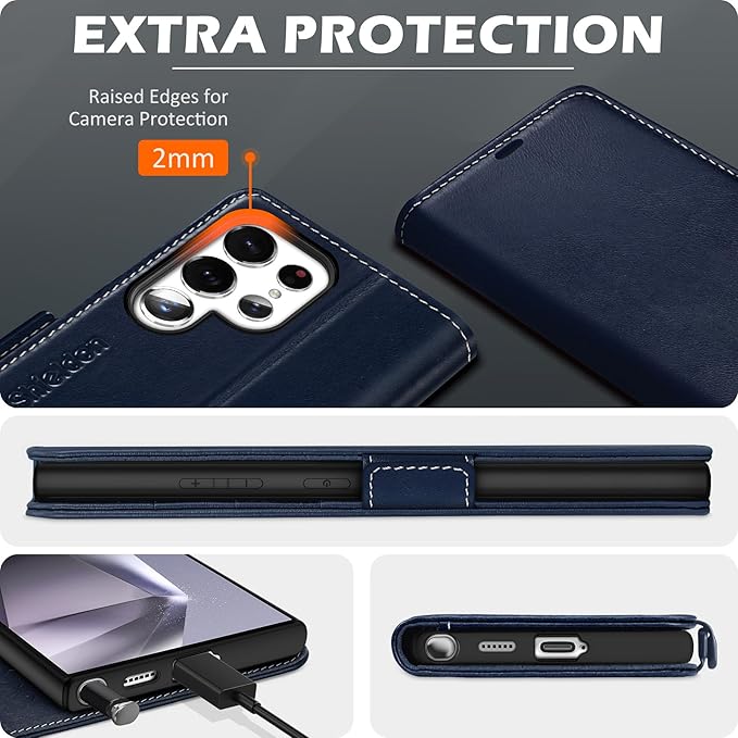 SHIELDON Case for Galaxy S25 Ultra 6.9", Genuine Leather Wallet Flip Book RFID Blocking Card Holder Kickstand Shock Absorbing Protective Case Compatible with Galaxy S25 Ultra - Retro Dark Blue