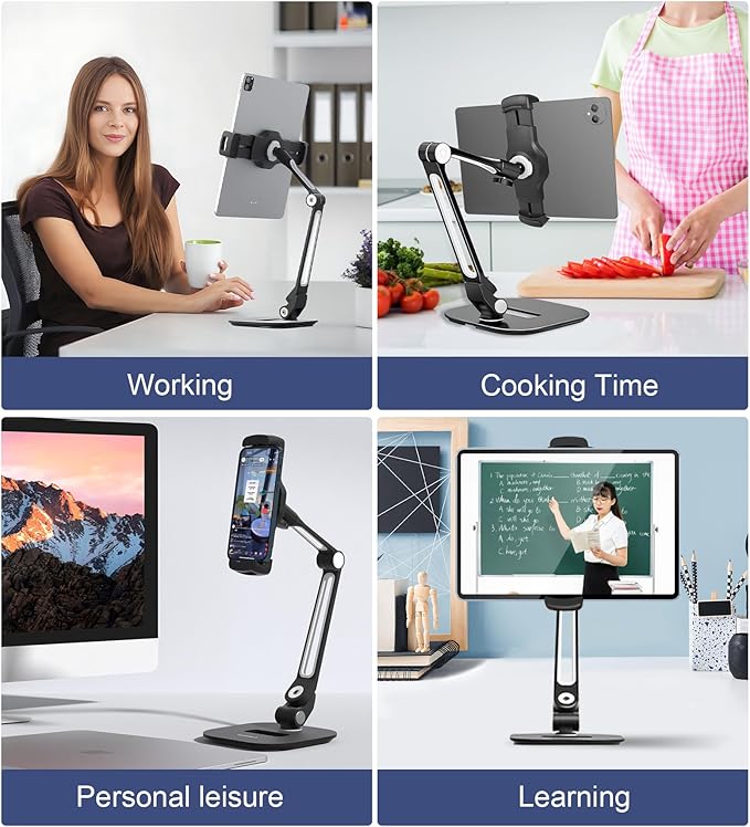 Tablet Stand Universal Holder for 4.9" - 12.9" Devices, 360° Rotating Security Stand for iPad, iPad Air, Samsung, Height Adjustable Foldable Table Top(Black)