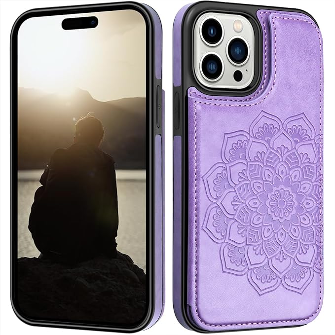 MMHUO for iPhone 15 Pro Case with Card Holder,Flower Magnetic Buttons Protective Wallet Case for Women for iPhone 15 Pro,Purple