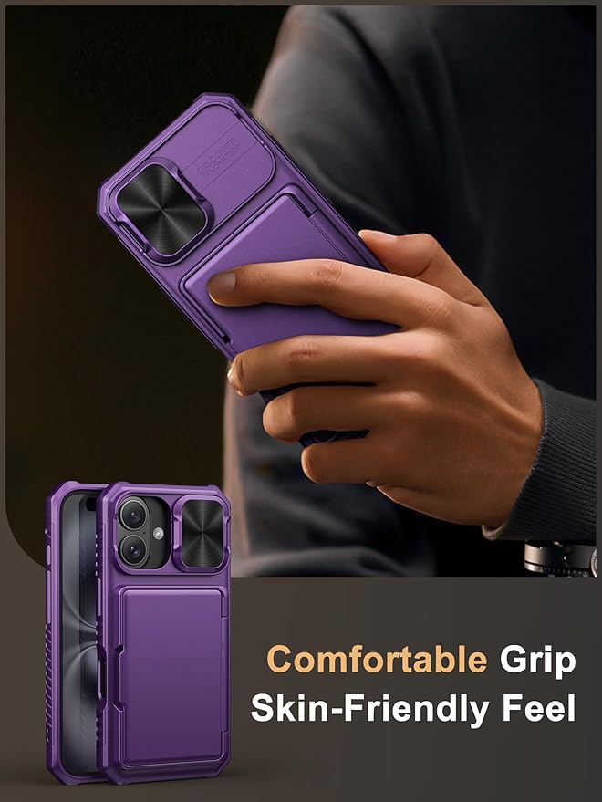 Vihibii for iPhone 16 Case Wallet with Card Holder (4 Cards) [RFID Blocking] & Slide Camera Cover, Military Grade Drop Protection, Hard Back & Silicone Edge Phone Cover, 6.1" 2024, Dark Purple