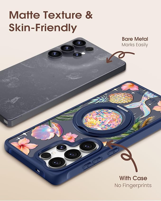 for Samsung Galaxy S25 Ultra Case with 360° Rotatable Magnetic Ring - Compatible with MagSafe, Semi-Transparent Anti-Fingerprint Soft-Touch Material Shockproof, Cute Y2K Design for Women Girl