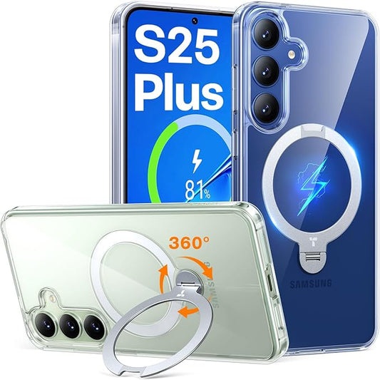 TORRAS 360Spin Magnetic Stand for Samsung Galaxy S25 Plus Case (2025), Fit for Magsafe Military Grade Shockproof Slim Protective S25+ Plus Case with Kickstand & Ring Holder, Ostand Spin, Clear