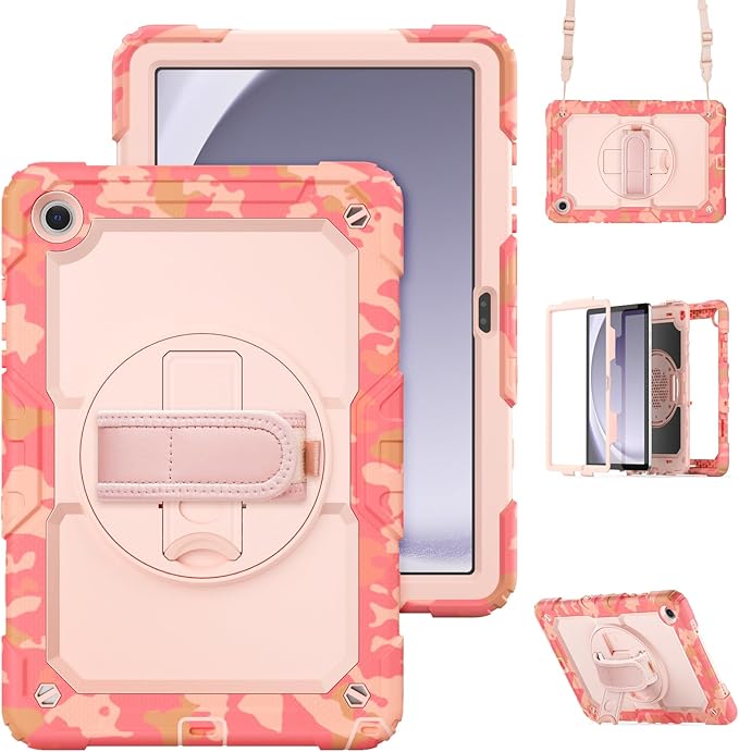 Case for Samsung Galaxy Tab A9+/ A9 Plus Case 11" 2023, Heavy Duty Shockproof Protective Case with Screen Protector, Hand Strap, Shoulder Strap, 360° Rotating Stand Camo Pink