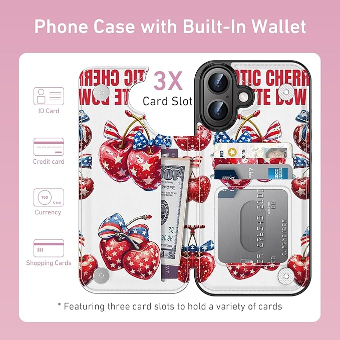 FUNMIKO for iPhone 16 Wallet Case with Card Holder, RFID-Blocking, Military-Grade Protection & UV-Printed Artwork, Magnetic Closure with Leather Kickstand - Cherries with Bow