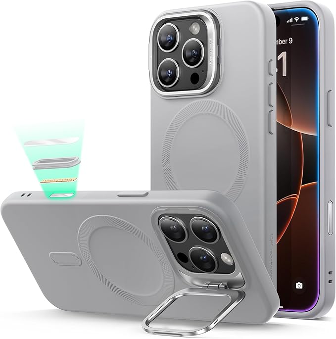 ESR for iPhone 16 Pro Max Case, Silicone Case with Stand, Compatible with, Built-in Camera Stash Stand, Magnetic Phone Case for iPhone 16 Pro Max, Cloud Series, Grey
