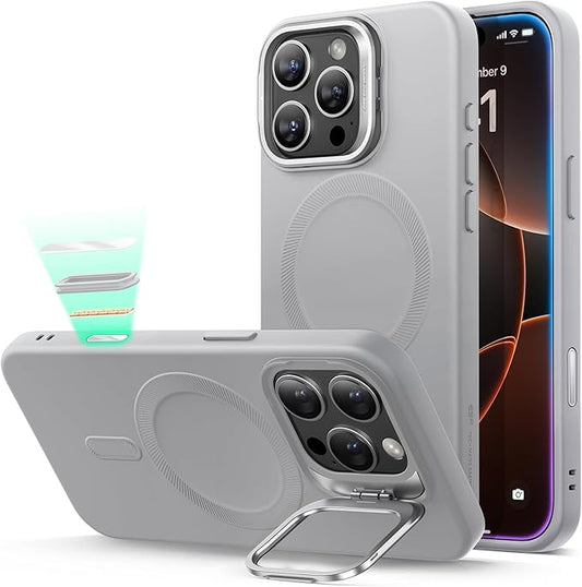 ESR for iPhone 16 Pro Max Case, Silicone Case with Stand, Compatible with, Built-in Camera Stash Stand, Magnetic Phone Case for iPhone 16 Pro Max, Cloud Series, Grey