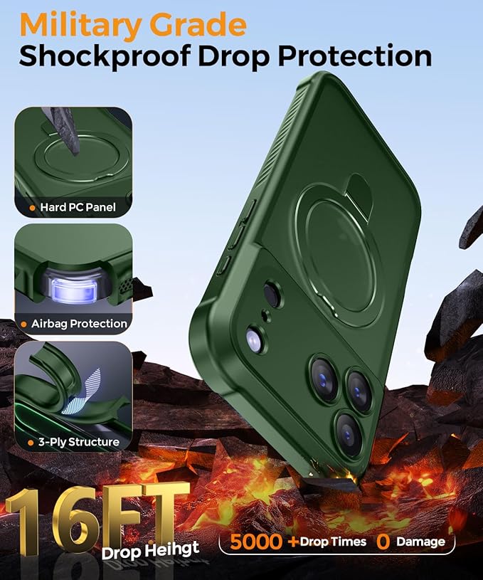 MOCCA Compatible with iPhone 17 Pro Case with Magnetic Invisible Stand [Full Camera Protection] [Compatible with Magsafe] Military Drop Shockproof Translucent Matte Phone Case Cover 6.3",Dark Green