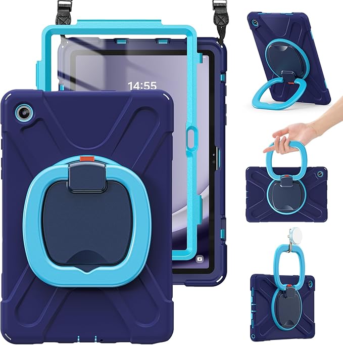 BRAECN Case for Samsung Galaxy Tab A9+ Plus Case 11 Inch 2023 SM-X210/X216/X218, Heavy Duty Silicone Cover with 360 Degree Rotating Stand, Screen Protector, Shoulder Strap, Stable Kickstand, Navy Blue