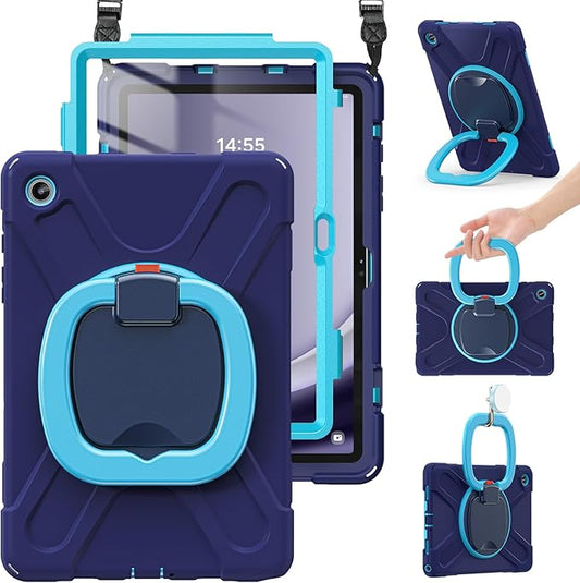 BRAECN Case for Samsung Galaxy Tab A9+ Plus Case 11 Inch 2023 SM-X210/X216/X218, Heavy Duty Silicone Cover with 360 Degree Rotating Stand, Screen Protector, Shoulder Strap, Stable Kickstand, Navy Blue