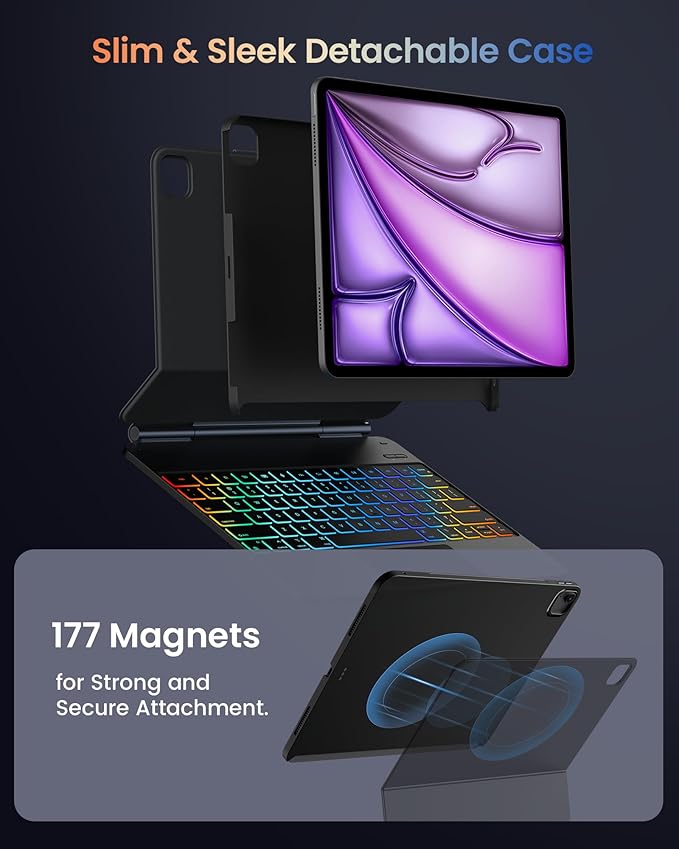 typecase Edge+ Keyboard Case for iPad Air 13-inch (M3 2025 / M2 2024),Ultra-Slim Detachable Back Case,Portrait & Typing Modes, Built-in Trackpad,11-Color Backlight, Magnetic Stand, Pencil Holder,Black