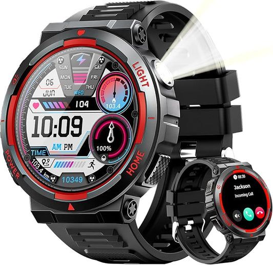 Military Smart Watch for Men(Answer/Make Call), Rugged Smartwatch with LED Flashlight/3ATM Waterproof/400mAh Battery/100+ Sports Modes/Heart Rate/Sleep Monitor, Fitness Tracker for iOS Android
