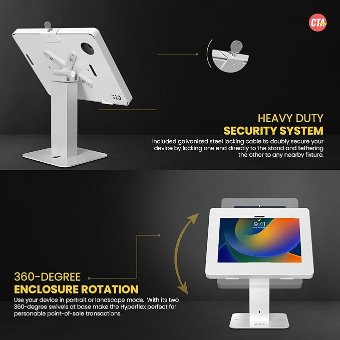 CTA Digital Sleek Rotating POS Desk Mount with Security Enclosure for iPad 10th Gen A16, iPad Air 11" M3 & M2, Pro 11", Galaxy Tab A7 & More - White (PAD-RSDMW)
