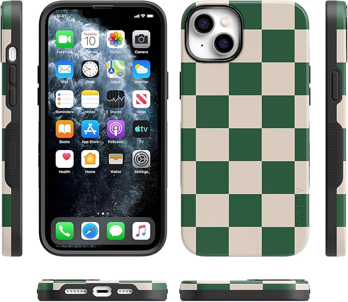 Casely iPhone 14 Case | Fit Check | Green Checkerboard | Compatible with MagSafe | Bold Protective Design