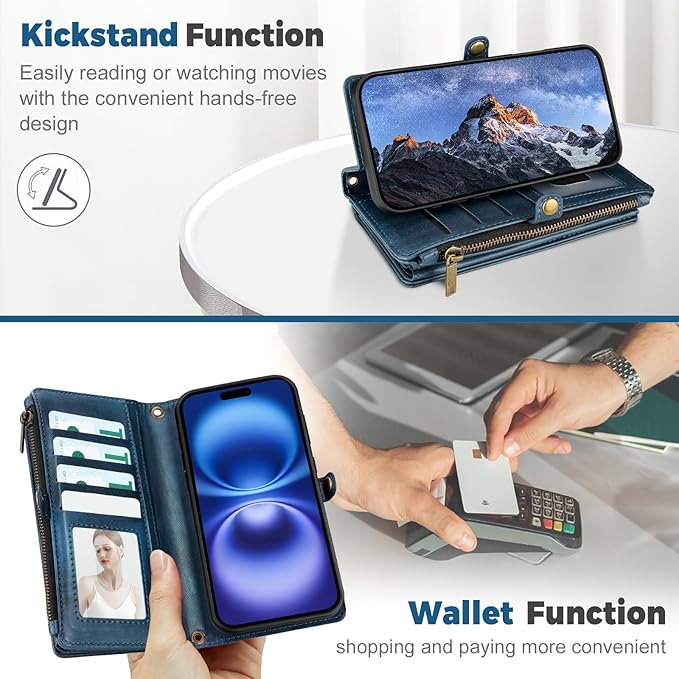 for iPhone 16 Wallet Phone Case with 7 Card Holder,RFID Blocking | PU Leather | Kickstand | Flip | Wrist Strap&Shoulder Strap | Shockproof | Zipper Wallet | Women Men | 6.1" | Blue