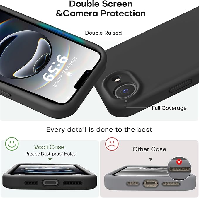 Vooii Compatible with iPhone 16e Case, Liquid Silicone Upgrade [Camera Protection] [Soft Anti-Scratch Microfiber Lining] Shockproof Phone Case for iPhone 16e 6.1 inch - Black