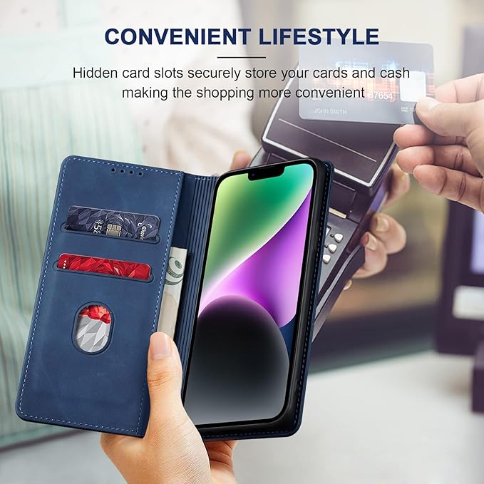 Jasonyu Flip Wallet Case for iPhone 14 Plus 5G,Leather Magnetic Folio Cover with Card Holder,Kickstand - TPU Shockproof Durable Protective Phone Case,Blue