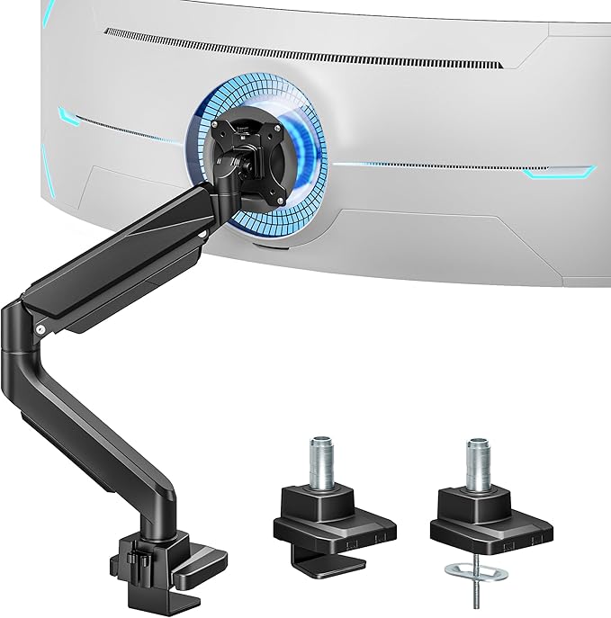 ARES WING Ultrawide Monitor Arm, Heavy Duty Single Monitor Mount for 13"-49" Curved Screens, Adjustable Stand for Desk with C-clamp & Grommet Base up to 40 LBS, Black