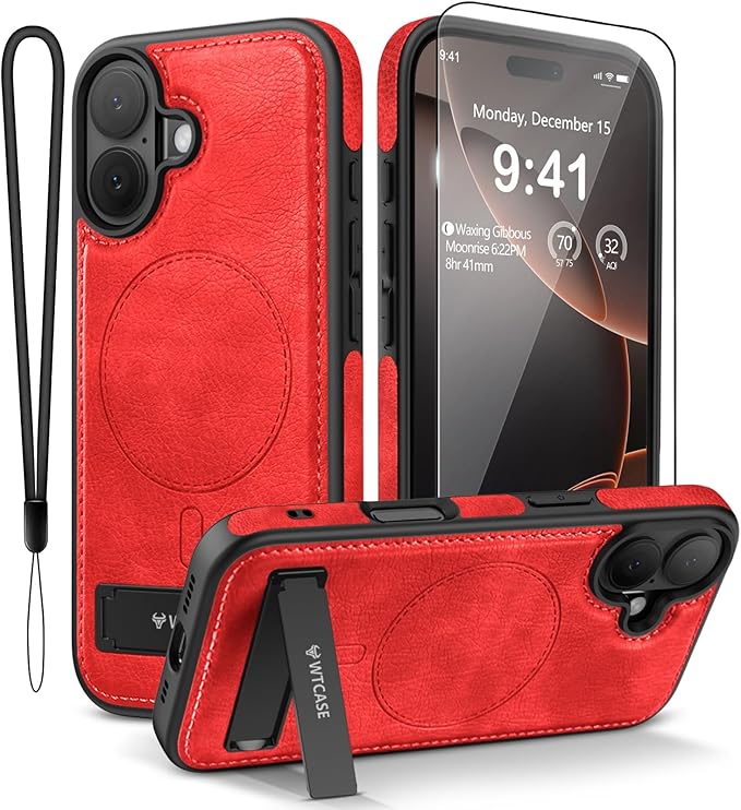 Magnetic for iPhone 17 Leather Case,Built-in Invisible Stand [Compatible with Magsafe] Protective Slim Kickstand Phone Cover for iPhone 17 Case, Red