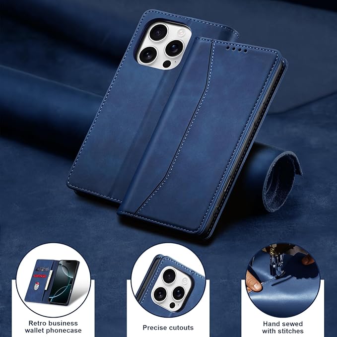 Jasonyu Flip Wallet Case for iPhone 16 Pro,Leather Magnetic Folio Cover with Card Holder,Kickstand - TPU Shockproof Durable Protective Phone Case,Blue