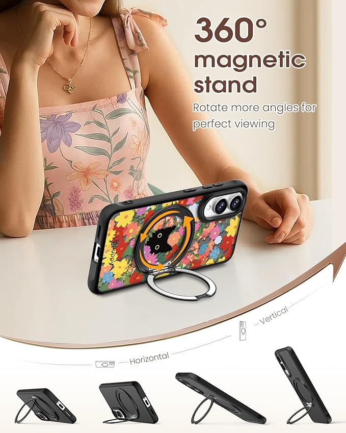for Samsung Galaxy S25 Edge Case with 360° Rotatable Magnetic Ring - Compatible with MagSafe, Semi-Transparent Soft-Touch Material Shockproof, Cute Black Cat & Flower Design for Women Girl