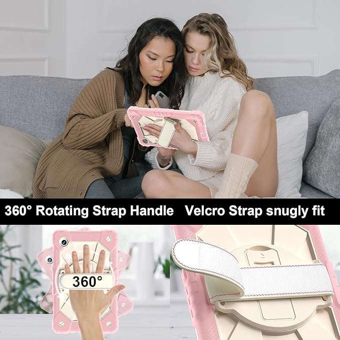 for Samsung Galaxy Tab A9 Case 8.7 inch (SM-X110/X115/X117), Heavy Duty Shockproof Silicone Cover Rugged 360 Stand Hand Shoulder Strap for Galaxy A9 Tablet Rose Red+Cream Stone