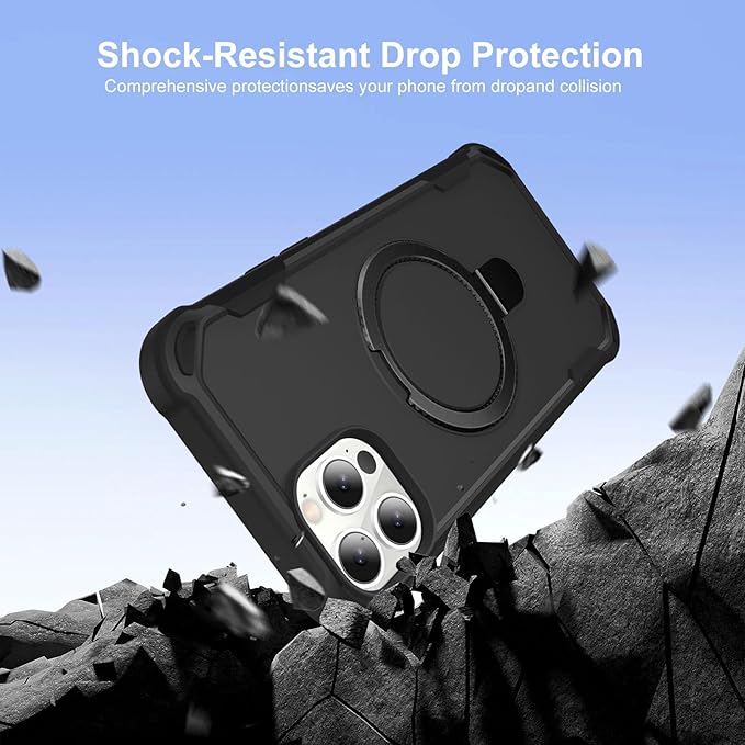 Compatible with iPhone 12 Case & iPhone 12 Pro Case with Invisible Magnetic Ring Stand [Compatible with Magnetic] [Military Drop Protection] Shockproof Hard Back Soft Edge 6.1 Inch, Black