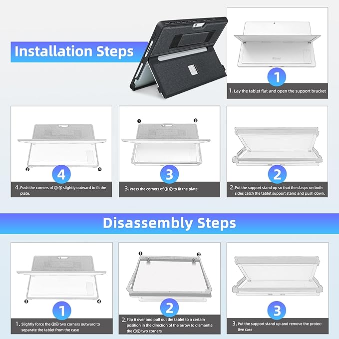 Case fit Microsoft Surface Pro 11/10/9/8 13-Inch, with Stent Cover, Hand Strap, All-in-one Rugged Case Compatible with Type Cover Keyboards, Black