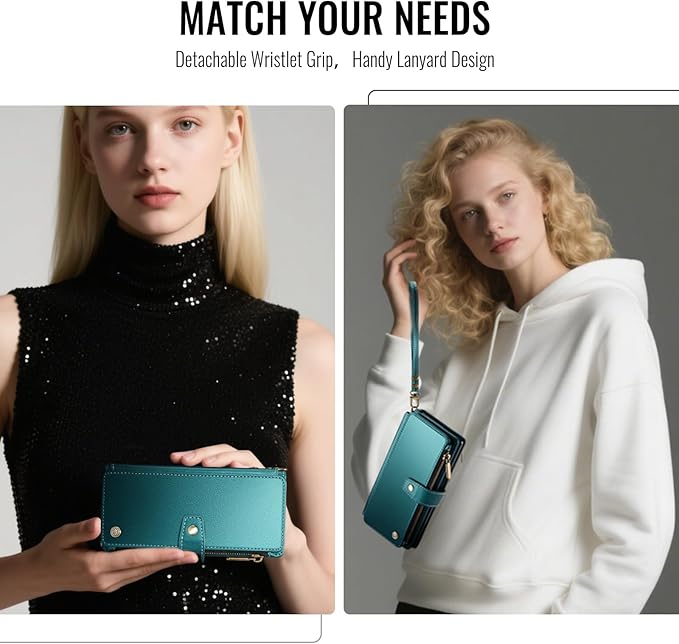 Vinich for Samsung Galaxy Z Fold 7 Wallet Case with Card Holder, Detachable Strap RFID Blocking Credit Slots Kickstand Shockproof Phone Cover for Women Men, Bluish Green