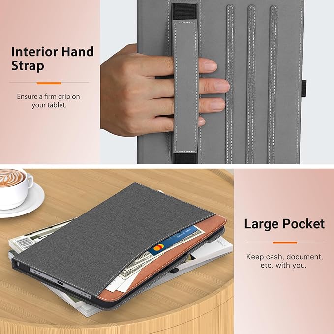 MoKo Case for Samsung Galaxy Tab A9 Plus 11" 2023 (SM-X210/SM-X216/SM-X218), PU Leather Multi-Angle Viewing Folding Stand Cover Case with Hand Strap, Front Pocket, Auto Wake/Sleep, Denim Grey & Brown