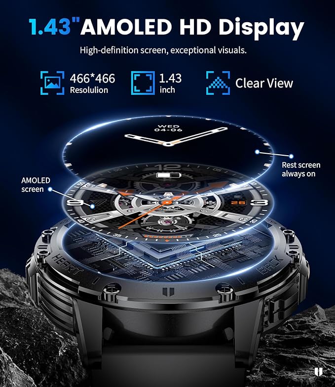 LIGE Smart Watch for Men with Flashlight,1.43" Smartwatch with Always Display,100+ Sports Modes,530mAH,Health Tracker,IP68 Waterproof, Smart Watch for Android iOS Black