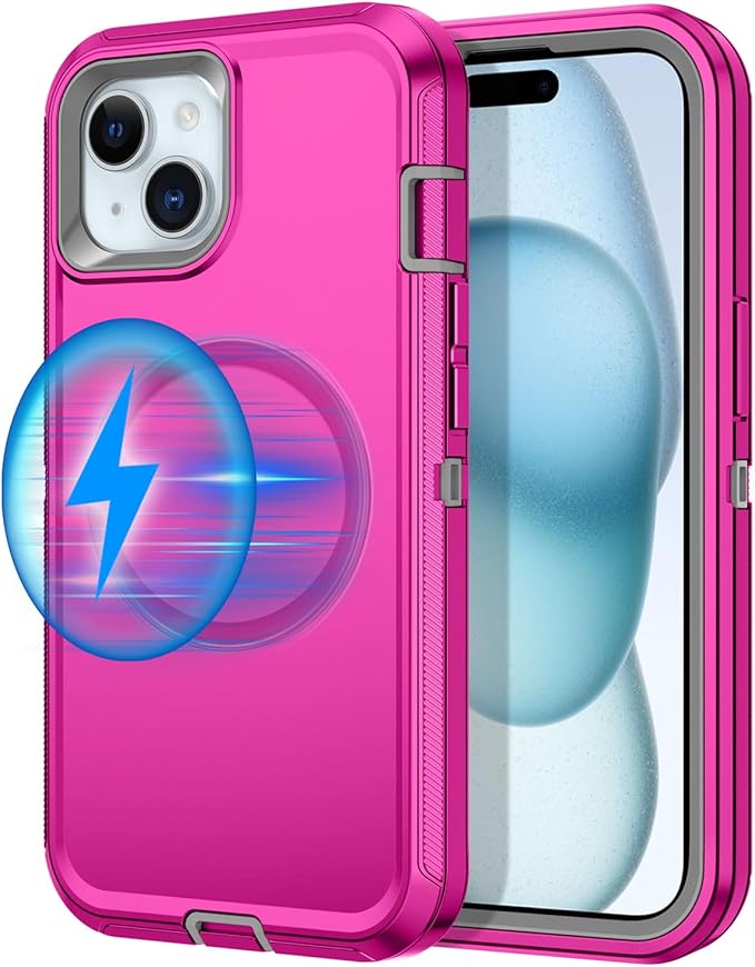 for iPhone 13/14/15 Case [Compatible with MagSafe] Shockproof 3-Layer Full Body Protection Rugged Heavy Duty Cover Case for Apple iPhone 13/14/15 6.1",Rose Red/Grey
