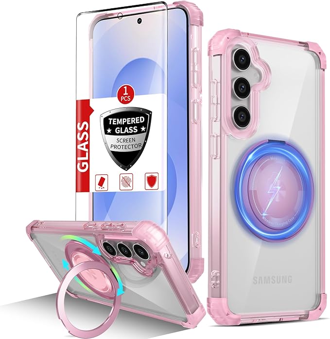 Magnetic for Samsung Galaxy S25 Case Compatible with MagSafe Wireless Charging,with Screen Protector,S25 Phone Case Built-in 360° Kickstand Ring,Shockproof Military Grade Drop Protection Pink