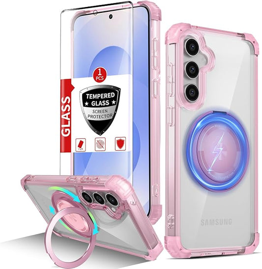 Magnetic for Samsung Galaxy S25 Plus Case Compatible with MagSafe Wireless Charging,with 1 Screen Protector,S25+Plus Case Built-in 360°Kickstand Shockproof Military Grade Drop Protection Pink