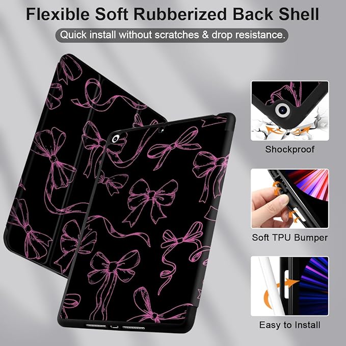 DONGKE Case Compatible with iPad 10.2 Inch 2021 2020 2019 iPad 9th/8th/7th Generation with Pencil Holder, Slim Stand Protective Case with Soft TPU Back, Auto Sleep/Wake Cover, Bows & Silk Ribbon