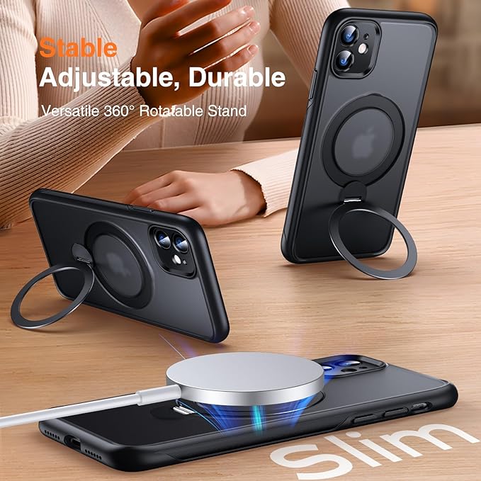 360° O-Ring MagStander for iPhone 11 Case with Magnetic Kickstand Ring Holder [Compatible with MagSafe][360°Rotate Stand Ring][Military Shockproof] Magnet iPhone 11 Phone Cover Matte Black