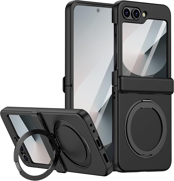 Magnetic Case for Samsung Galaxy Z Flip 6 Compatible with Magsafe, Built-in Kickstand & TPU Hinge Protection Flip 6 Case, Matte PC Cover Ultra Shockproof Phone Case for Z Flip6 (Black)