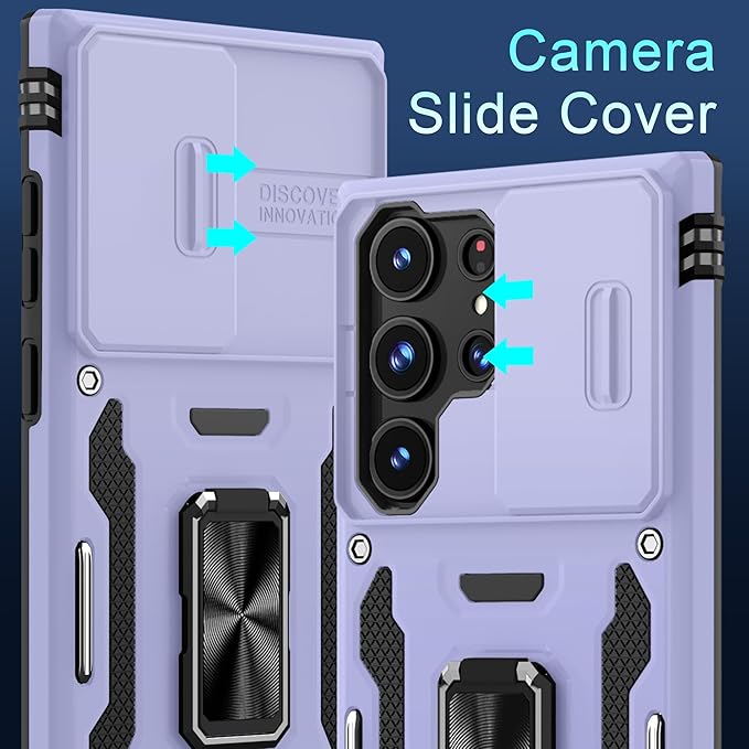DEERLAMN Case for Samsung Galaxy S25 Ultra with Slide Camera Cover+Screen Protector (1 Pack), Rotated Ring Kickstand Military Grade Shockproof Protective Cover-Light Purple