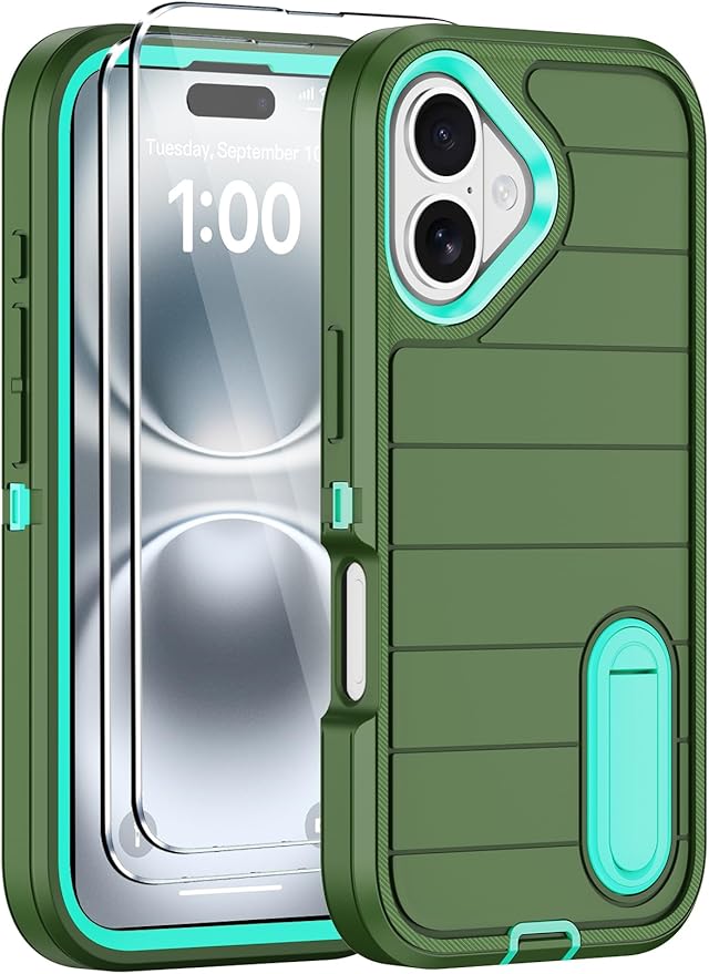 for iPhone 16 Case with 2 Screen Protectors,Heavy Duty Shockproof Drop Protection Military Grade Tri-Layer Rugged Cell Phone Cover with Built-in Invisible Kickstand for Apple 16 6.1“ (Army Green)