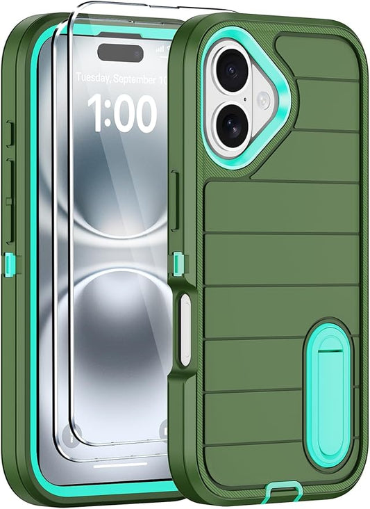 for iPhone 16 Case with 2 Screen Protectors,Heavy Duty Shockproof Drop Protection Military Grade Tri-Layer Rugged Cell Phone Cover with Built-in Invisible Kickstand for Apple 16 6.1“ (Army Green)