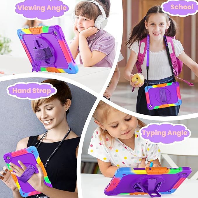 SEYMAC stock Case for Samsung Galaxy Tab A9+ Plus 11'', Full-Body Drop Protection Case with Screen Protector Pencil Holder [360° Rotating Hand Strap] &Stand, Purple+Colorful