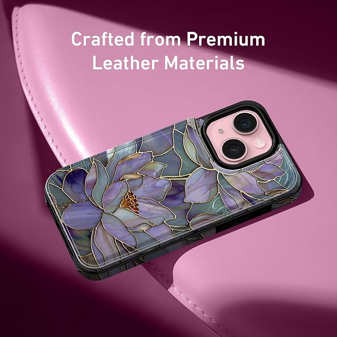FUNMIKO for iPhone 13 Wallet Case with Card Holder, RFID-Blocking, Military-Grade Protection & UV-Printed Artwork, Magnetic Closure with Leather Kickstand - Dreamy Lotus