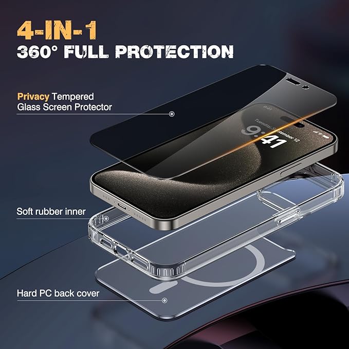 Diaclara Magnetic for iPhone 15 Pro Case, [with Privacy Screen Protector] [Anti Spy] [Military Grade Drop Protection] Heavy Duty Full-Body Shockproof Phone Case, Clear