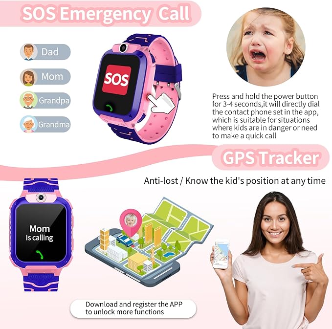2G Kids GPS Watch, Waterproof Smart Tracker for Boys Girls Ages 3-12 - 2-Way Calling, SOS Button, No Games, 7-Day Battery, Birthday Gift (Pink)