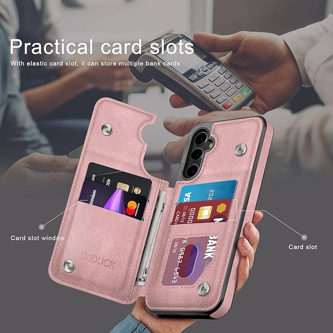 DJDUCK Designed for Samsung Galaxy S25 Plus Case Wallet with Card Holder, [Magnetic Clasp Cover] [RFID Blocking Leather Protection] Shockproof Women Men Cases for Samsung S25 Plus Pink