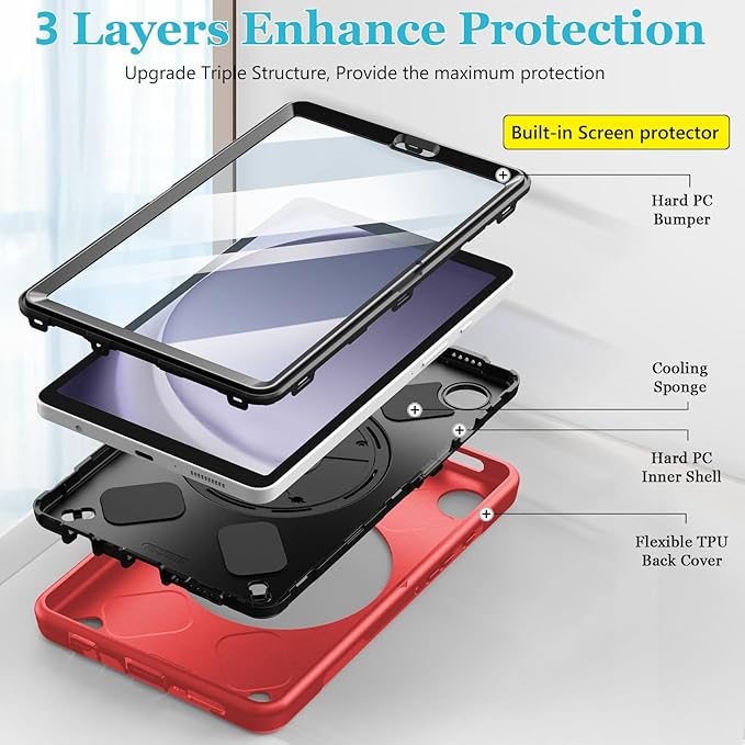 Case for Galaxy Tab A9 Plus 5G 2023: Heavy Duty TPU Cover for Samsung Tablet A9+ 11 Inch with Stand - Handle - Shoulder Strap -S-Pen Holder- Red