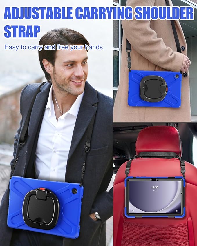 BRAECN Case for Samsung Galaxy Tab A9 Plus 11 Inch 2023 SM-X210/X216/X218, Heavy Duty Rugged Silicone Cover with Screen Protector, Handle Grip, Swivel Stand, Shoulder Strap for Samsung Tab A9+, Blue