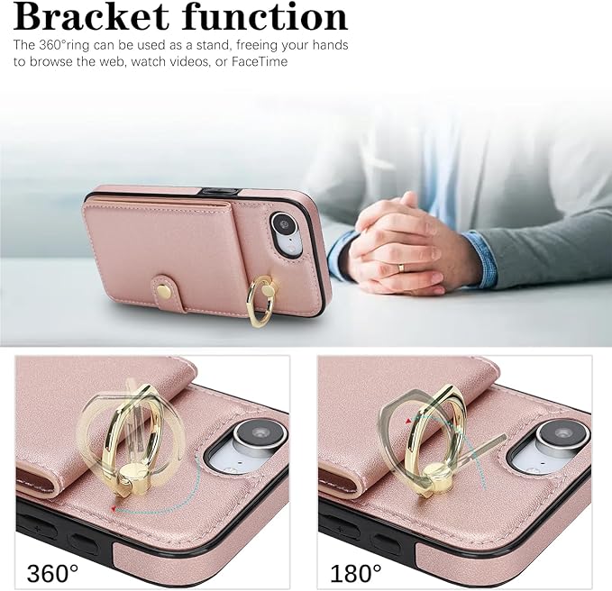 Compatible iPhone 16e Wallet Case with Card Holder RFID Blocking PU Leather Doubles as a Wallet Unisex Flip Shockproof Protection with Card Slots Ring Wrist Kickstand Function,Rose Gold