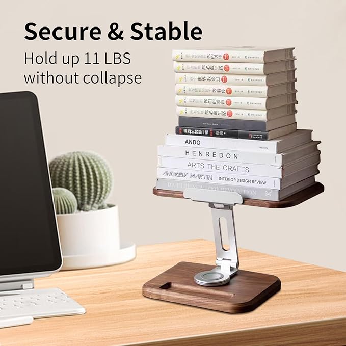 Book Stand for Reading, Mayhas Adjustable Book Holder with 360° Swivel Base&Page Clips, Foldable Desktop Stand for Cookbook, Fits All Books (Walnut, Wood Base)